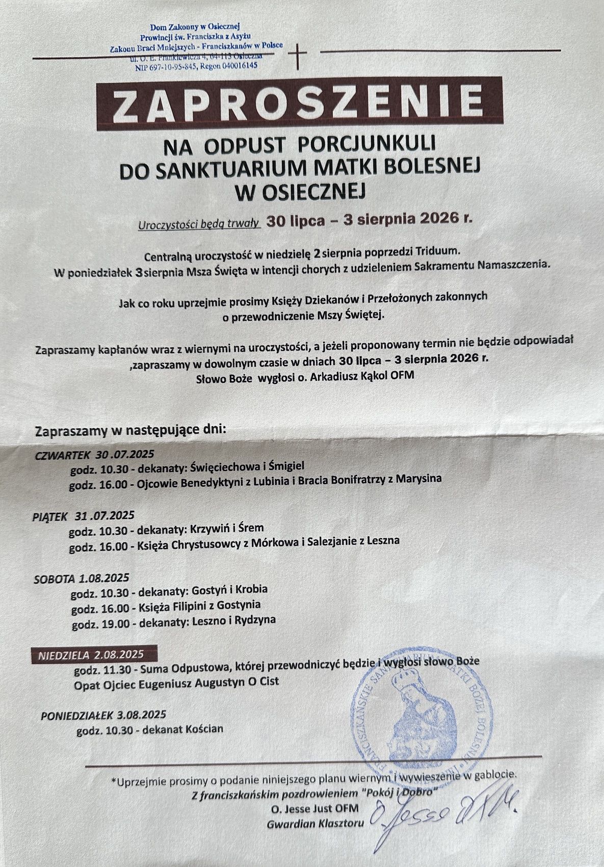 ZAPROSZENIE NA ODPUST W OSIECZNEJ 2926